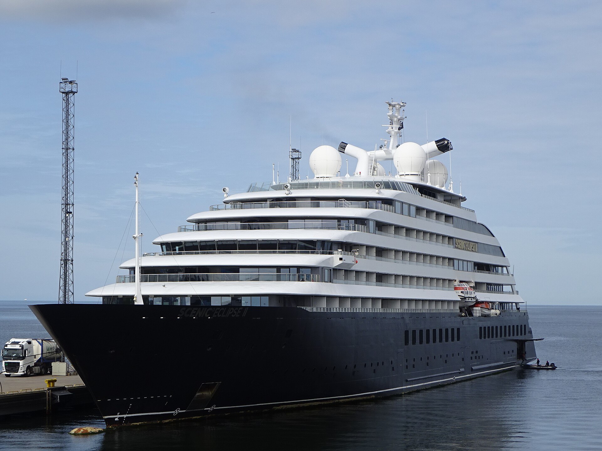 The expedition yacht Scenic Eclipse II moored at a pier